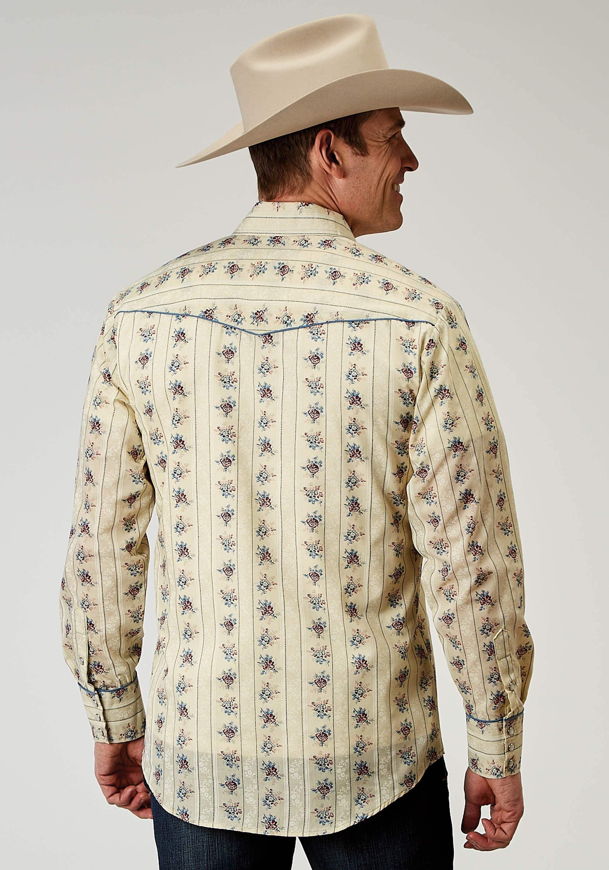 Roper Mens Long Sleeve Snap Floral Stripe Western Shirt With Solid Piping On Front And Back Yokes Smile Pockets - Roper - Flyclothing LLC