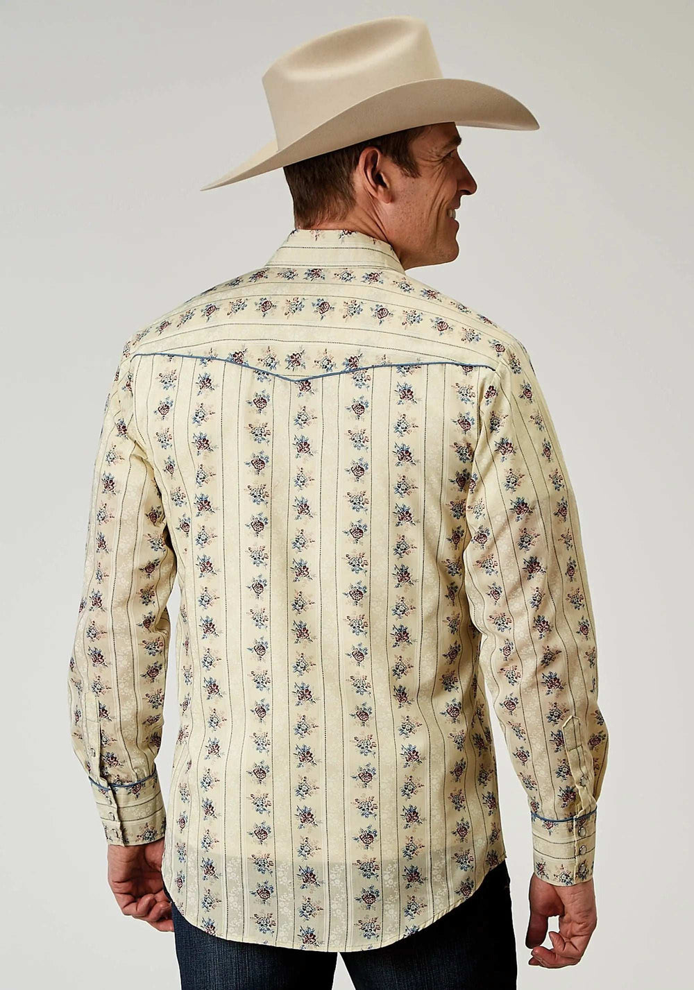 Roper Mens Long Sleeve Snap Floral Stripe Western Shirt With Solid Piping On Front And Back Yokes Smile Pockets - Roper - Flyclothing LLC