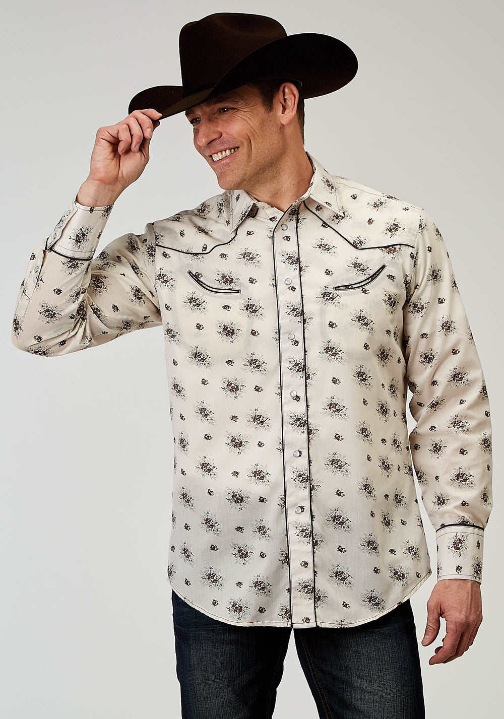 Roper Mens Long Sleeve Snap Vintage Floral Western Shirt With Solid Piping On Front And Back Yokes Smile Pockets - Roper