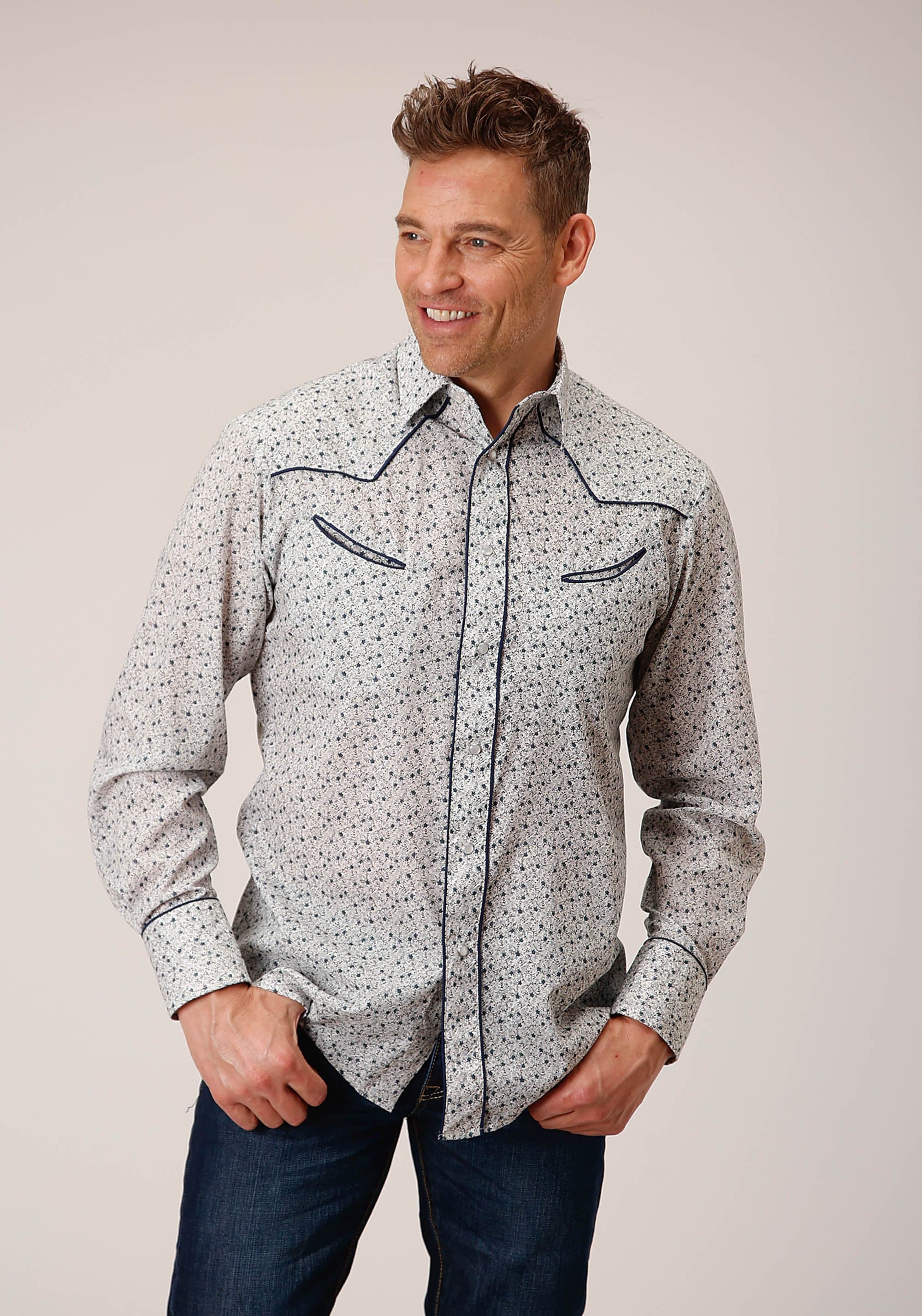 Roper Mens Long Sleeve Snap Multi Blue Mini Floral Print Western Shirt - Roper