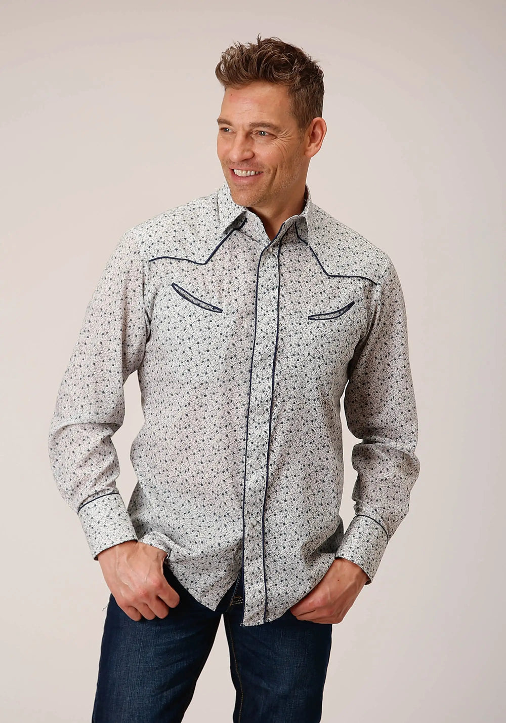 Roper Mens Long Sleeve Snap Multi Blue Mini Floral Print Western Shirt - Roper