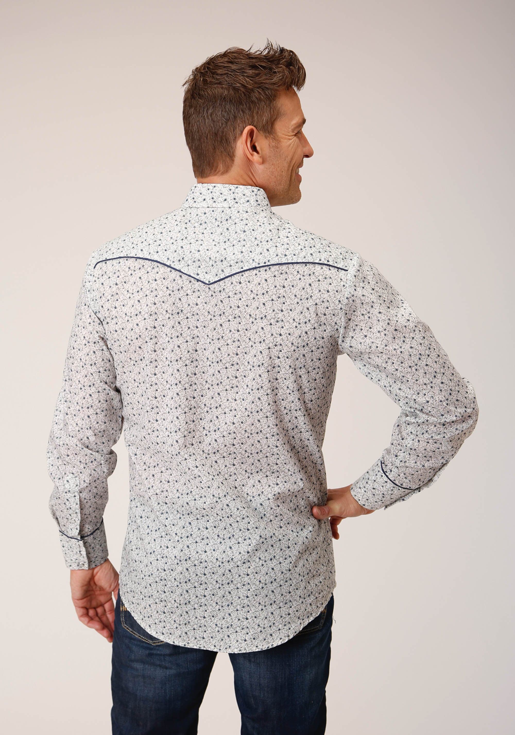 Roper Mens Long Sleeve Snap Multi Blue Mini Floral Print Western Shirt - Roper