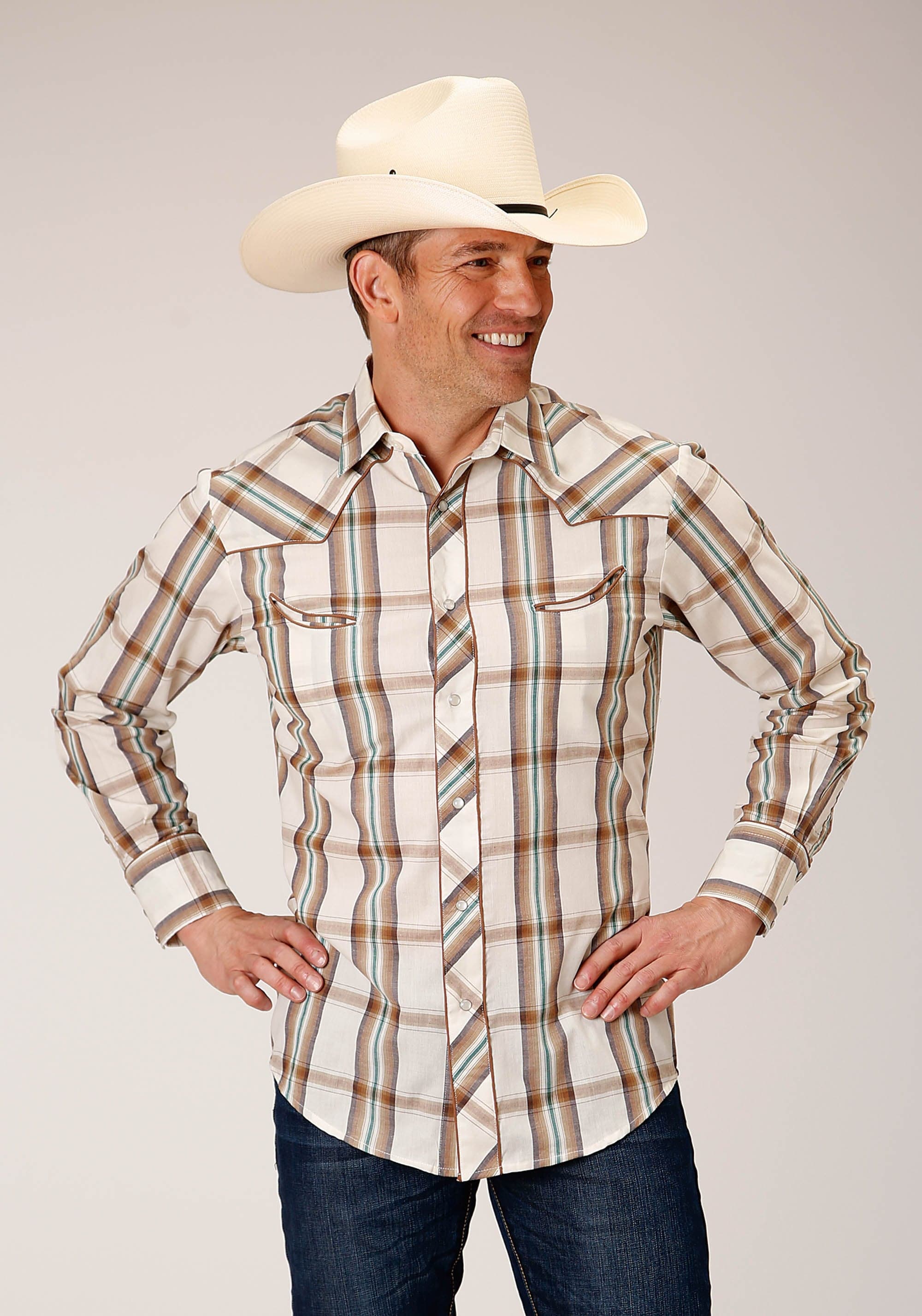 Roper Mens Long Sleeve Snap Cream Brown Green Plaid Western Shirt - Roper