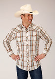 Roper Mens Long Sleeve Snap Cream Brown Green Plaid Western Shirt - Roper
