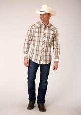 Roper Mens Long Sleeve Snap Cream Brown Green Plaid Western Shirt - Roper - Flyclothing LLC