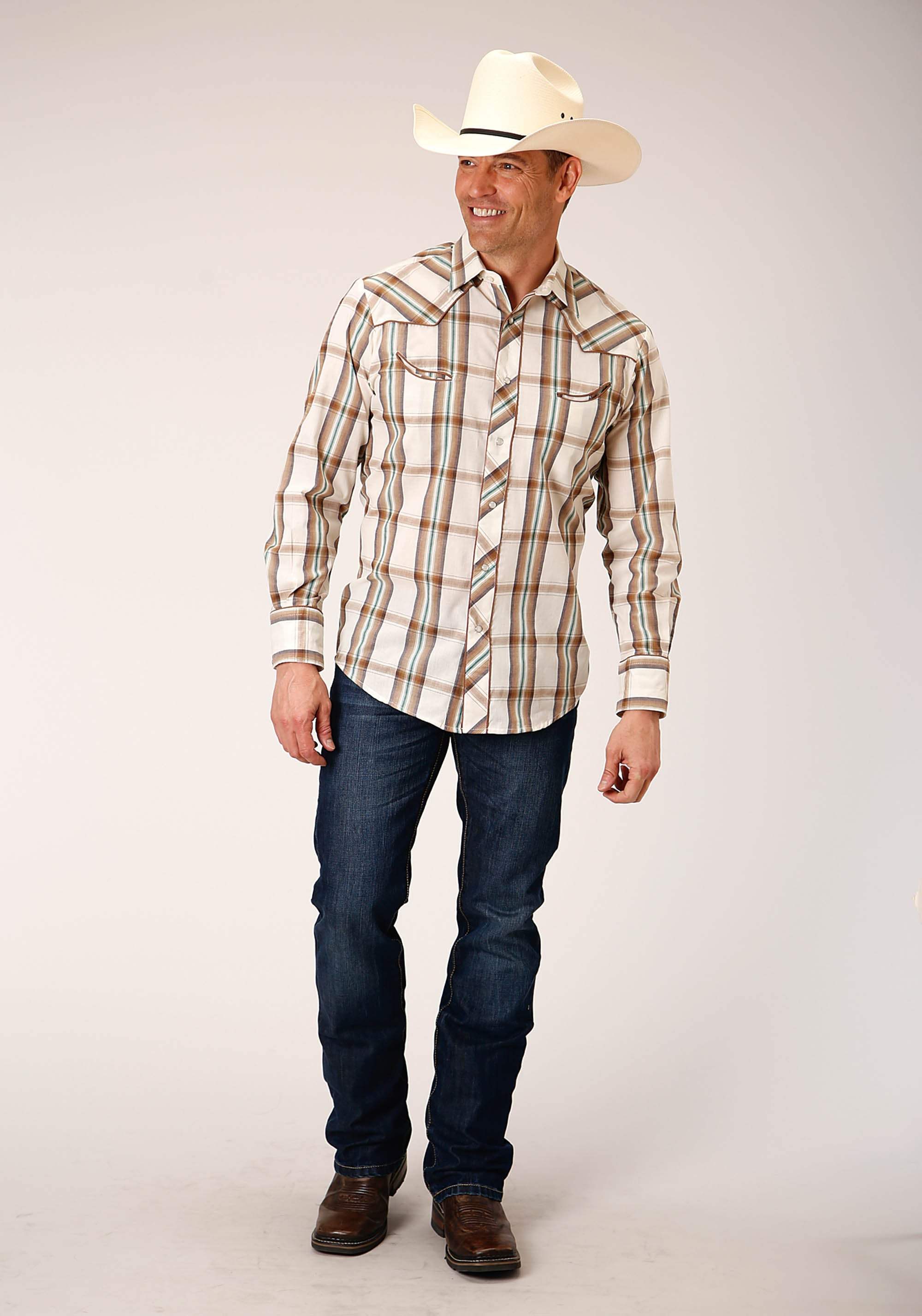 Roper Mens Long Sleeve Snap Cream Brown Green Plaid Western Shirt - Roper - Flyclothing LLC