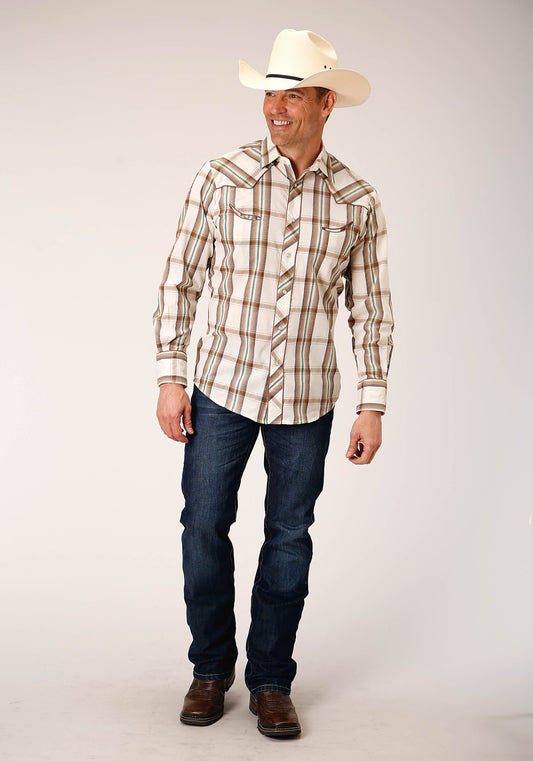 Roper Mens Long Sleeve Snap Cream Brown Green Plaid Western Shirt - Roper