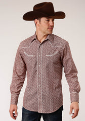 Roper Mens Long Sleeve Snap Red And Cream Vintage Floral Print Western Shirt - Roper