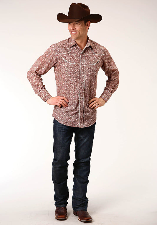 Roper Mens Long Sleeve Snap Red And Cream Vintage Floral Print Western Shirt - Roper