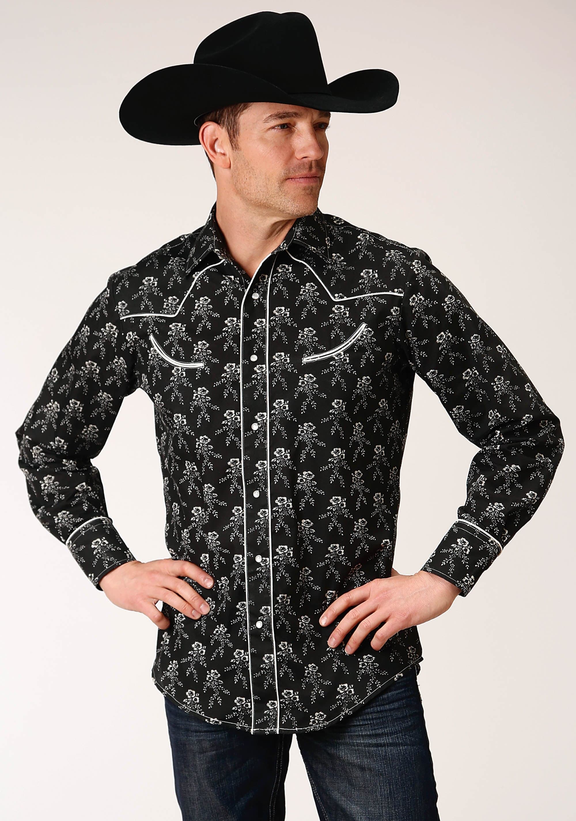 Roper Mens Long Sleeve Snap Black And Cream Floral Print Western Shirt - Roper