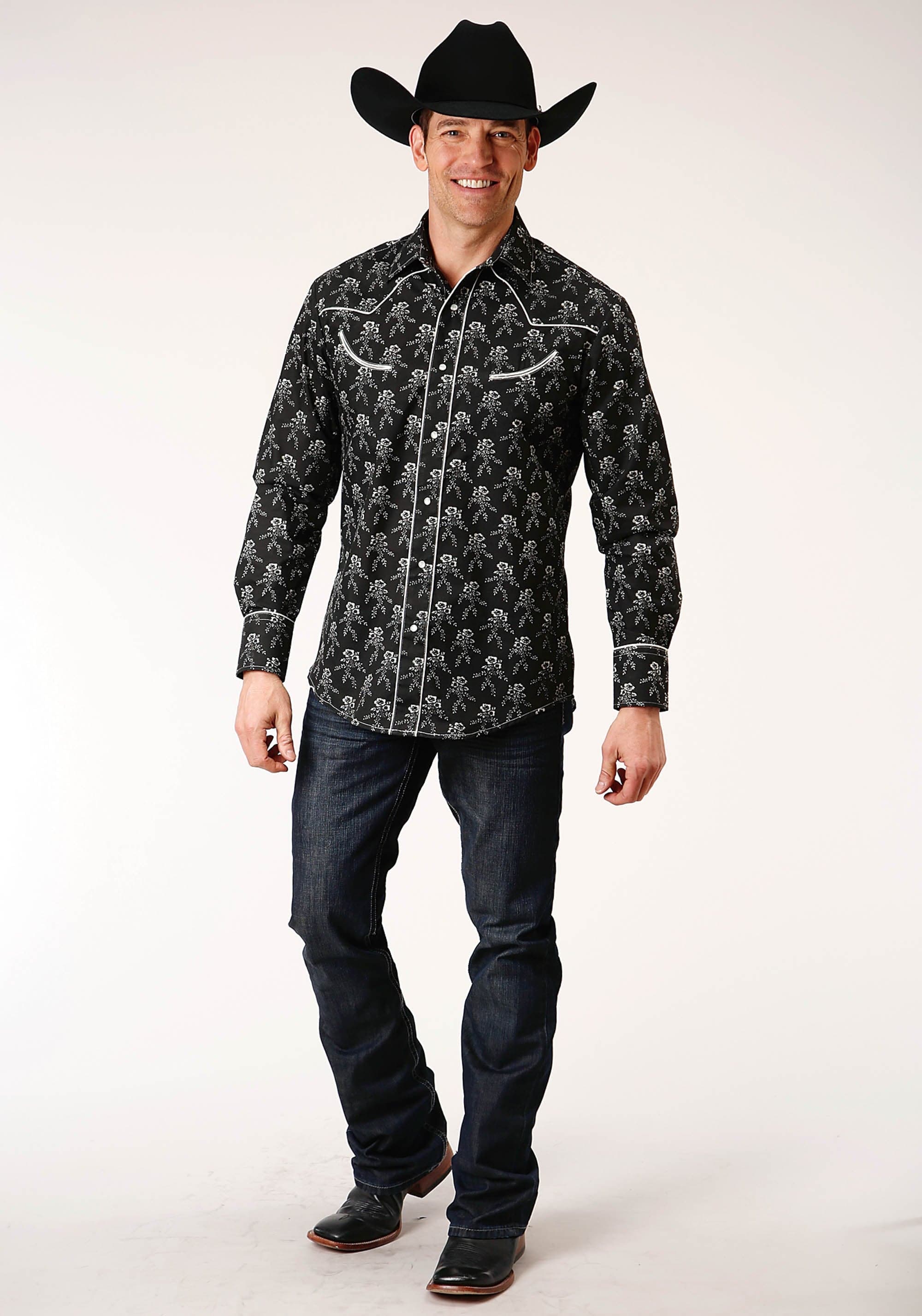 Roper Mens Long Sleeve Snap Black And Cream Floral Print Western Shirt - Roper