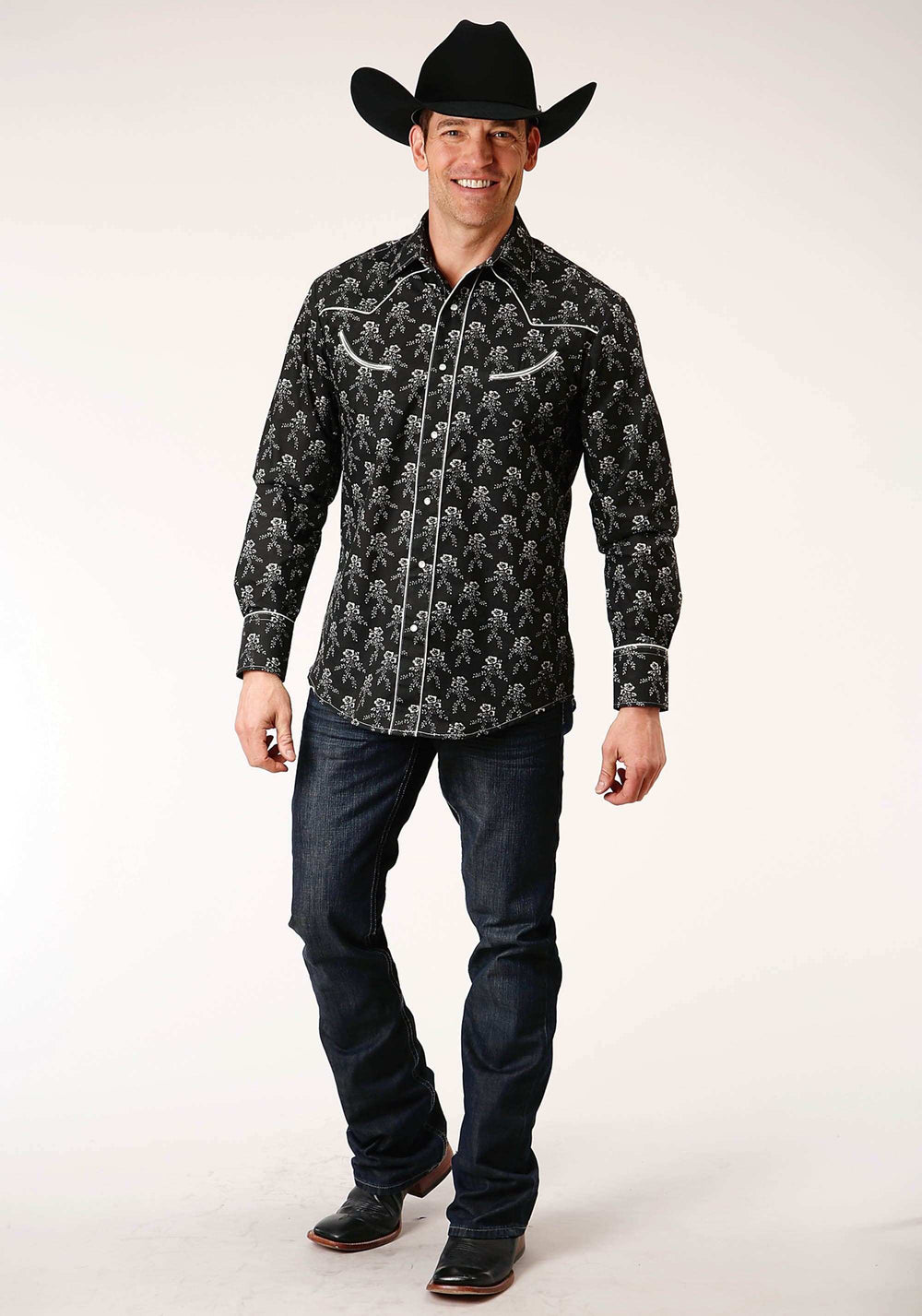 Roper Mens Long Sleeve Snap Black And Cream Floral Print Western Shirt - Roper - Flyclothing LLC