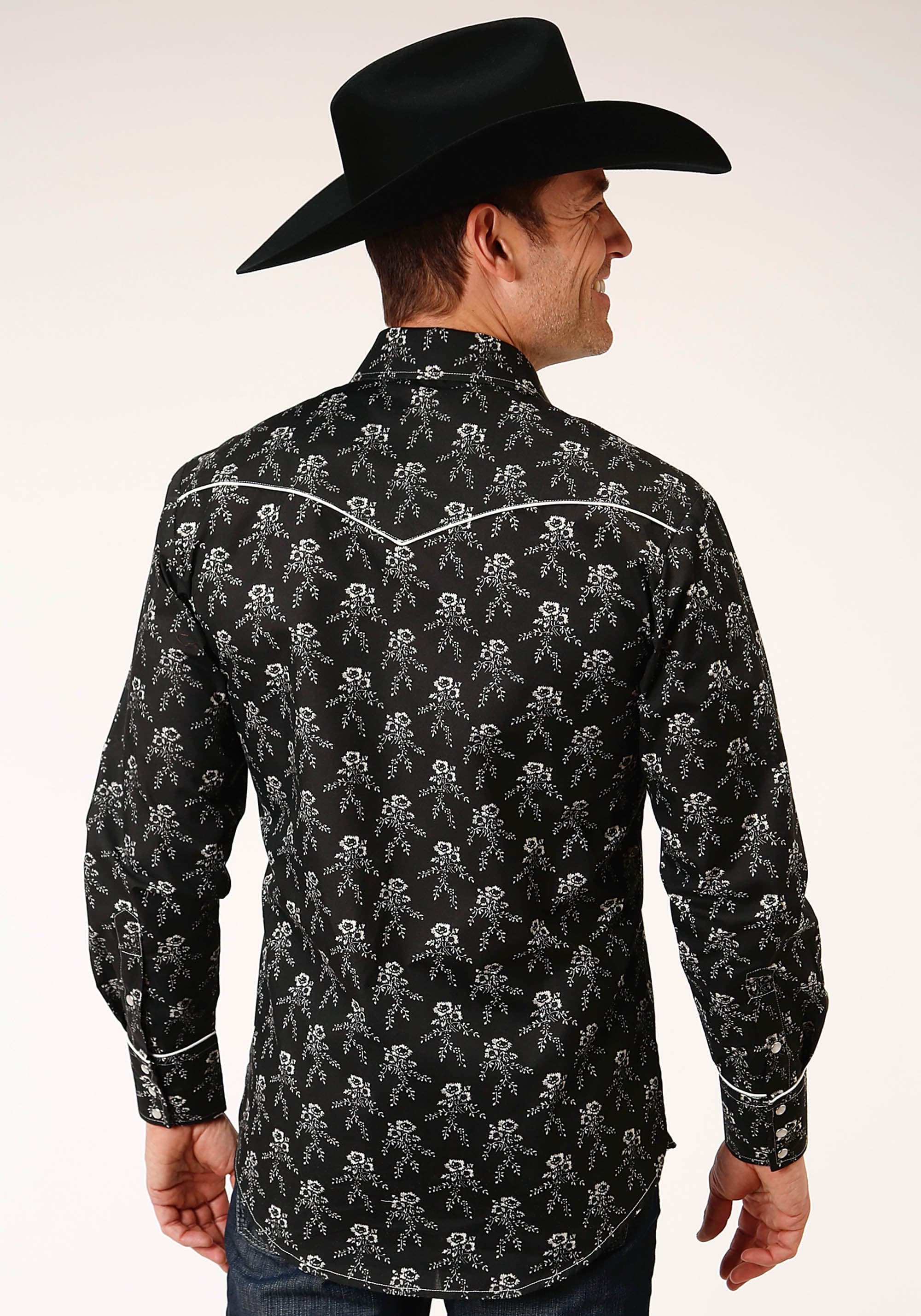 Roper Mens Long Sleeve Snap Black And Cream Floral Print Western Shirt - Roper