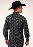 Roper Mens Long Sleeve Snap Black And Cream Floral Print Western Shirt - Roper