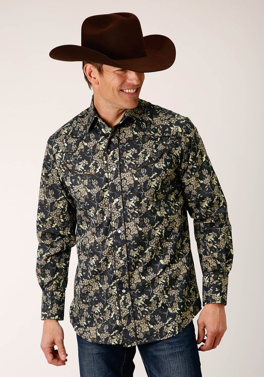 Roper Mens Long Sleeve Snap Vintage Dark Floral Print Western Shirt - Roper