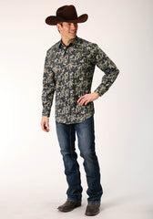 Roper Mens Long Sleeve Snap Vintage Dark Floral Print Western Shirt - Roper