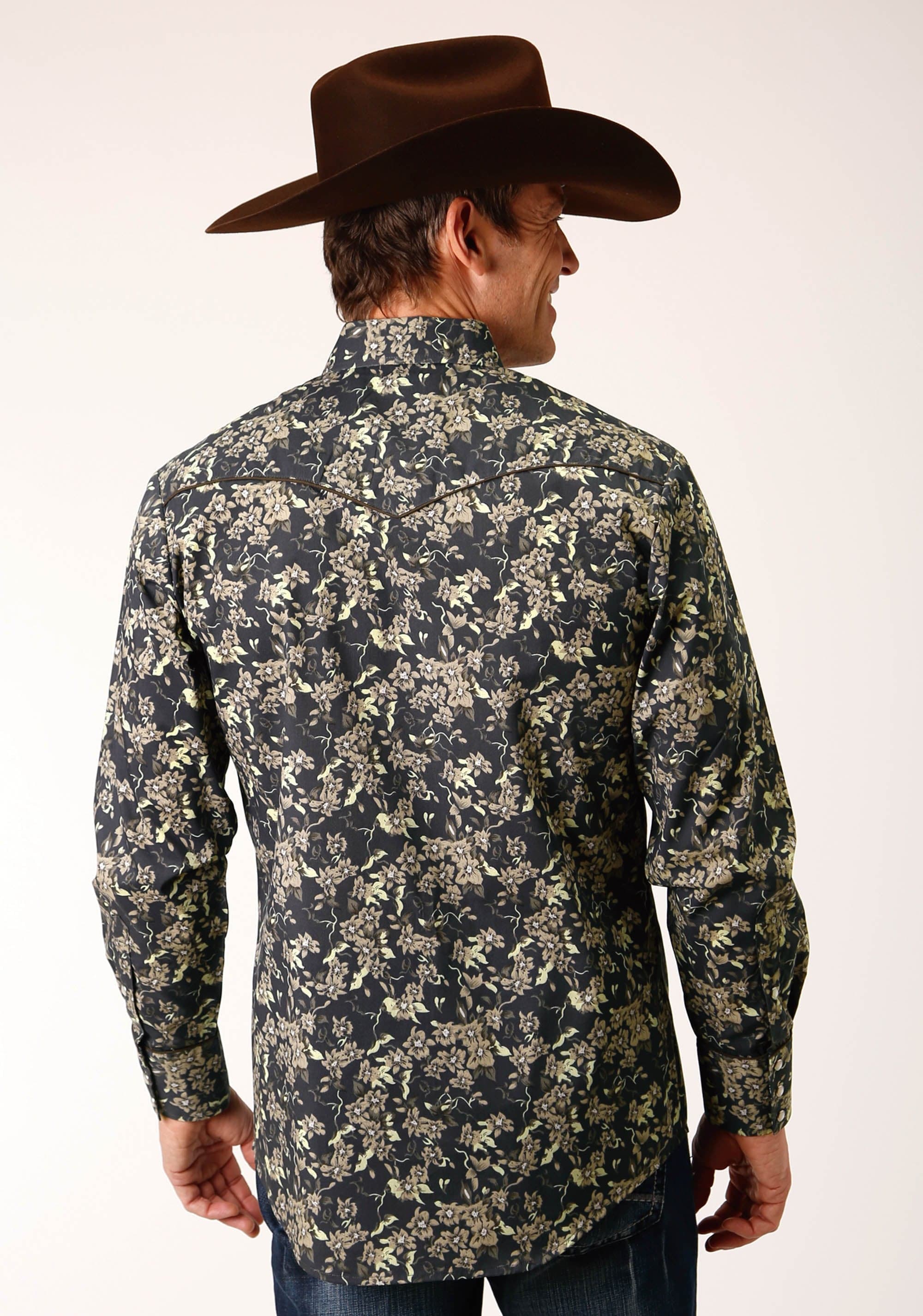 Roper Mens Long Sleeve Snap Vintage Dark Floral Print Western Shirt - Roper