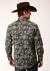 Roper Mens Long Sleeve Snap Vintage Dark Floral Print Western Shirt - Roper
