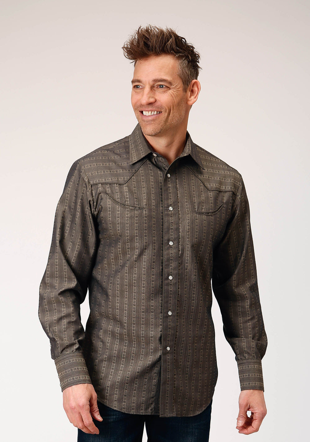 Roper Mens Long Sleeve Snap Grey Floral Tone On Tone Strip Western Shirt With Solid Piping And Smile Pockets - Roper
