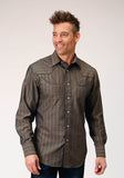 Roper Mens Long Sleeve Snap Grey Floral Tone On Tone Strip Western Shirt With Solid Piping And Smile Pockets - Roper