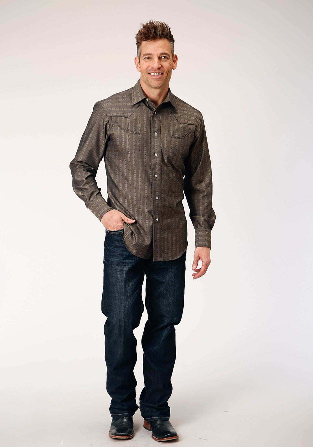 Roper Mens Long Sleeve Snap Grey Floral Tone On Tone Strip Western Shirt With Solid Piping And Smile Pockets - Roper - Flyclothing LLC