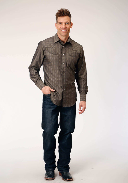 Roper Mens Long Sleeve Snap Grey Floral Tone On Tone Strip Western Shirt With Solid Piping And Smile Pockets - Roper - Flyclothing LLC