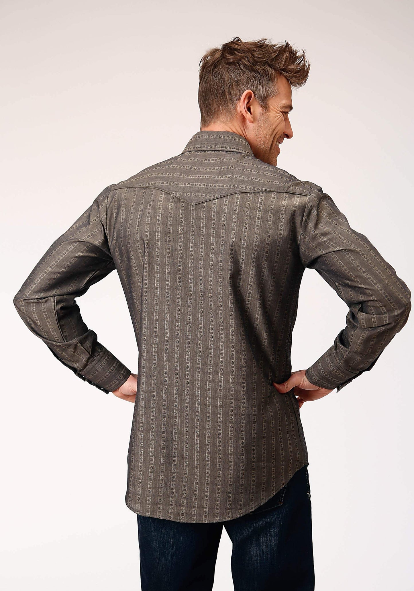 Roper Mens Long Sleeve Snap Grey Floral Tone On Tone Strip Western Shirt With Solid Piping And Smile Pockets - Roper - Flyclothing LLC