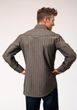 Roper Mens Long Sleeve Snap Grey Floral Tone On Tone Strip Western Shirt With Solid Piping And Smile Pockets - Roper
