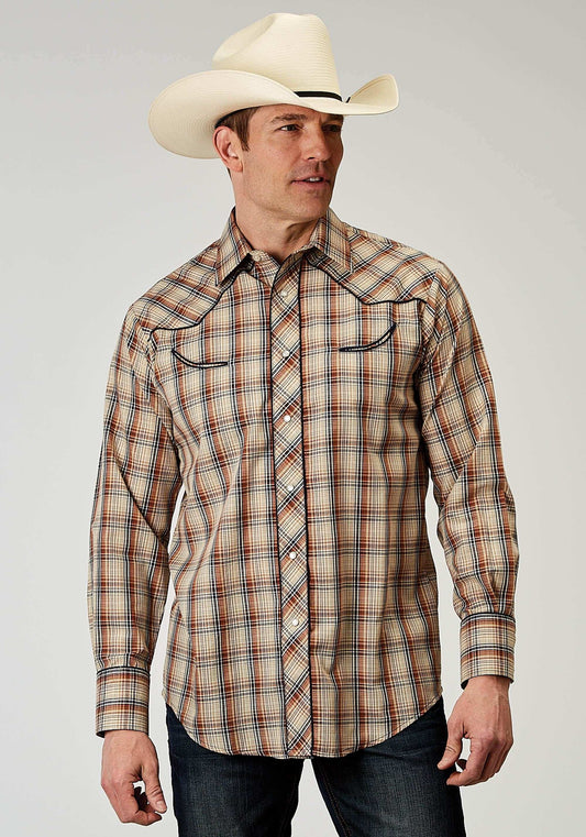 Roper Mens Long Sleeve Snap Brown Plaid Western Shirt With Solid Piping On Front And Back Yokes Smile Pockets - Roper - Flyclothing LLC