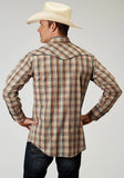 Roper Mens Long Sleeve Snap Brown Plaid Western Shirt With Solid Piping On Front And Back Yokes Smile Pockets - Roper