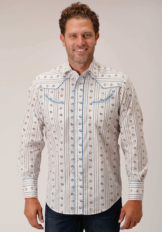 Roper Mens Long Sleeve Snap Brown And Blue Wallpaper Stripe Western Shirt - Roper - Flyclothing LLC