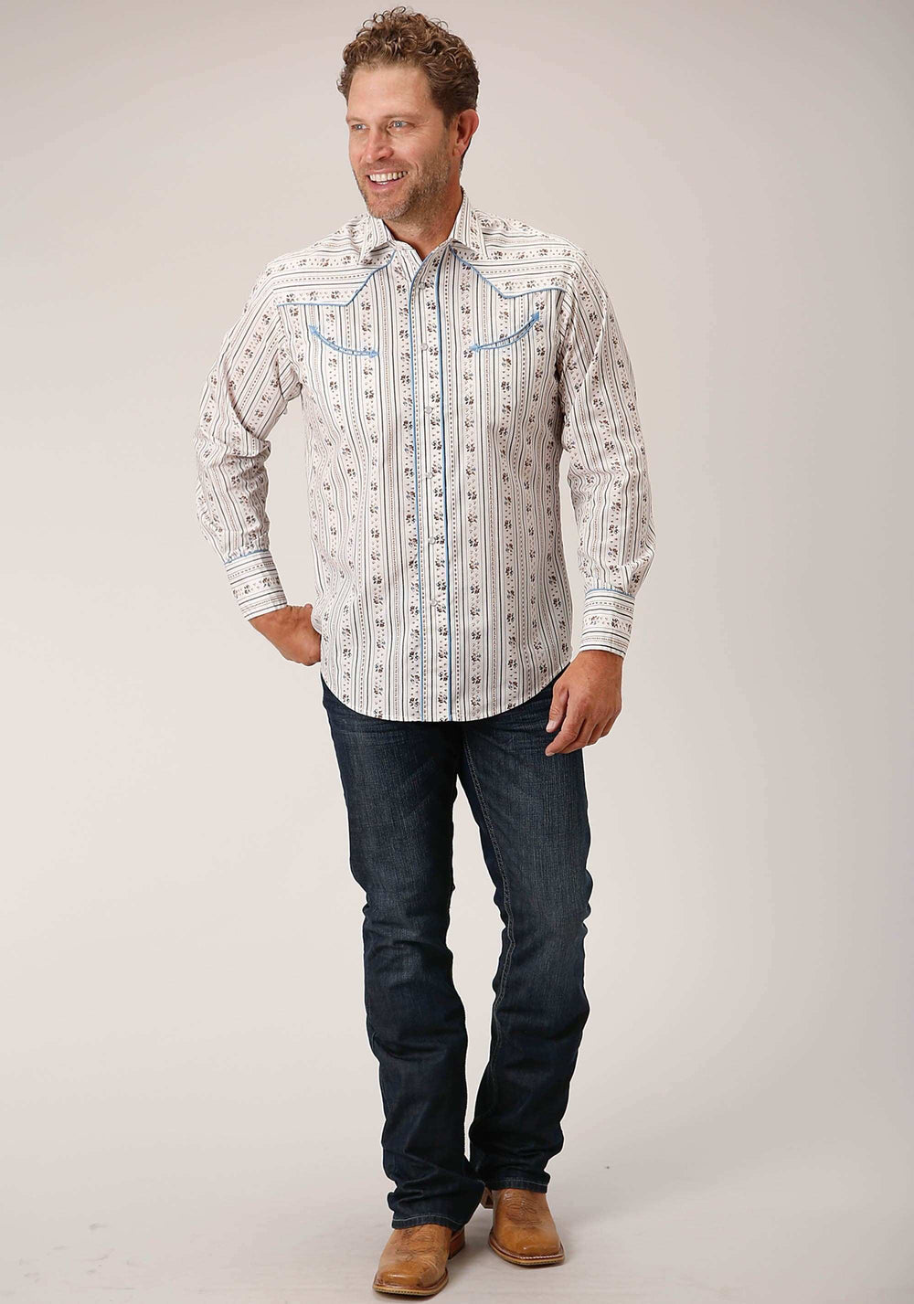Roper Mens Long Sleeve Snap Brown And Blue Wallpaper Stripe Western Shirt - Roper - Flyclothing LLC