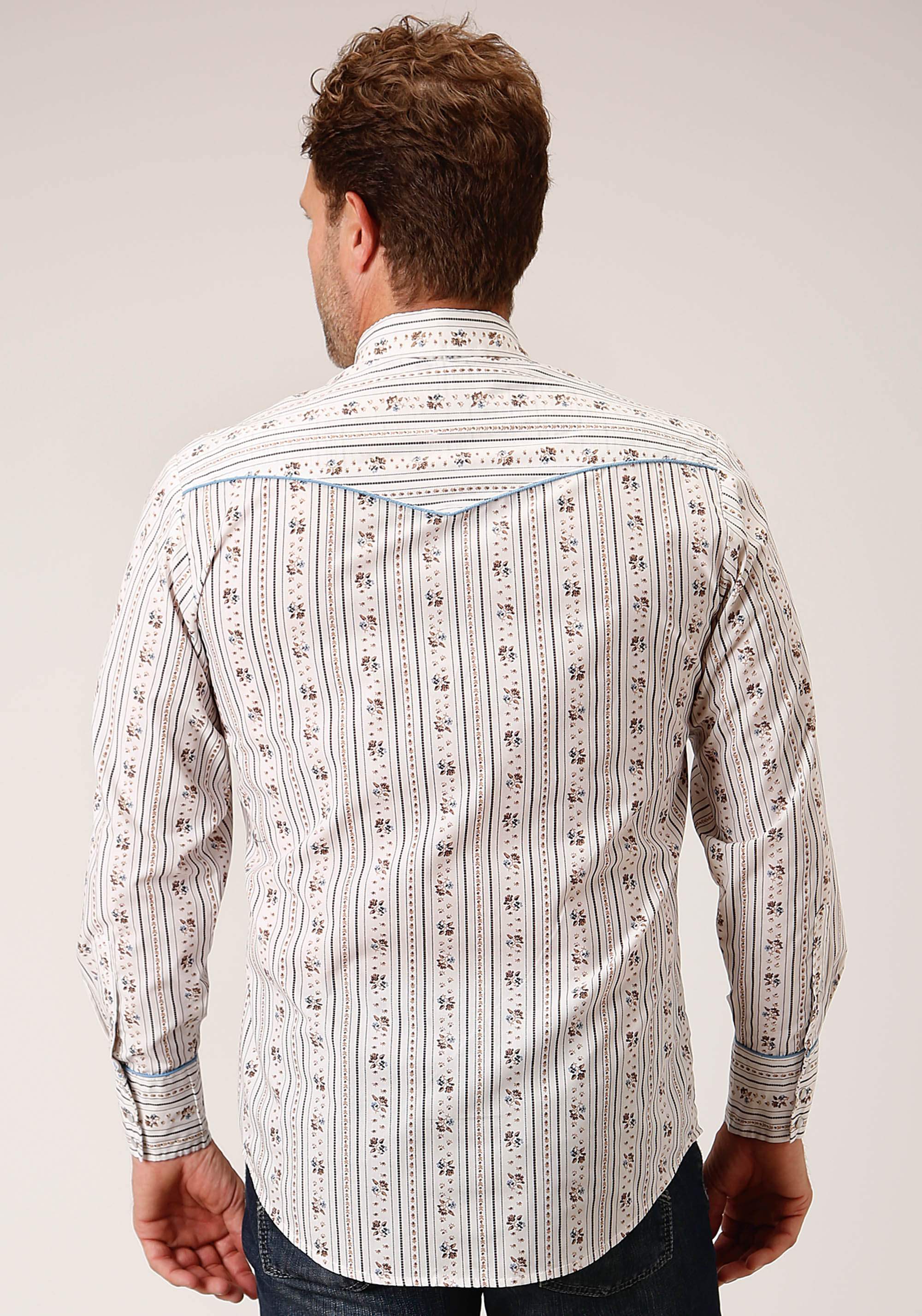 Roper Mens Long Sleeve Snap Brown And Blue Wallpaper Stripe Western Shirt - Roper - Flyclothing LLC