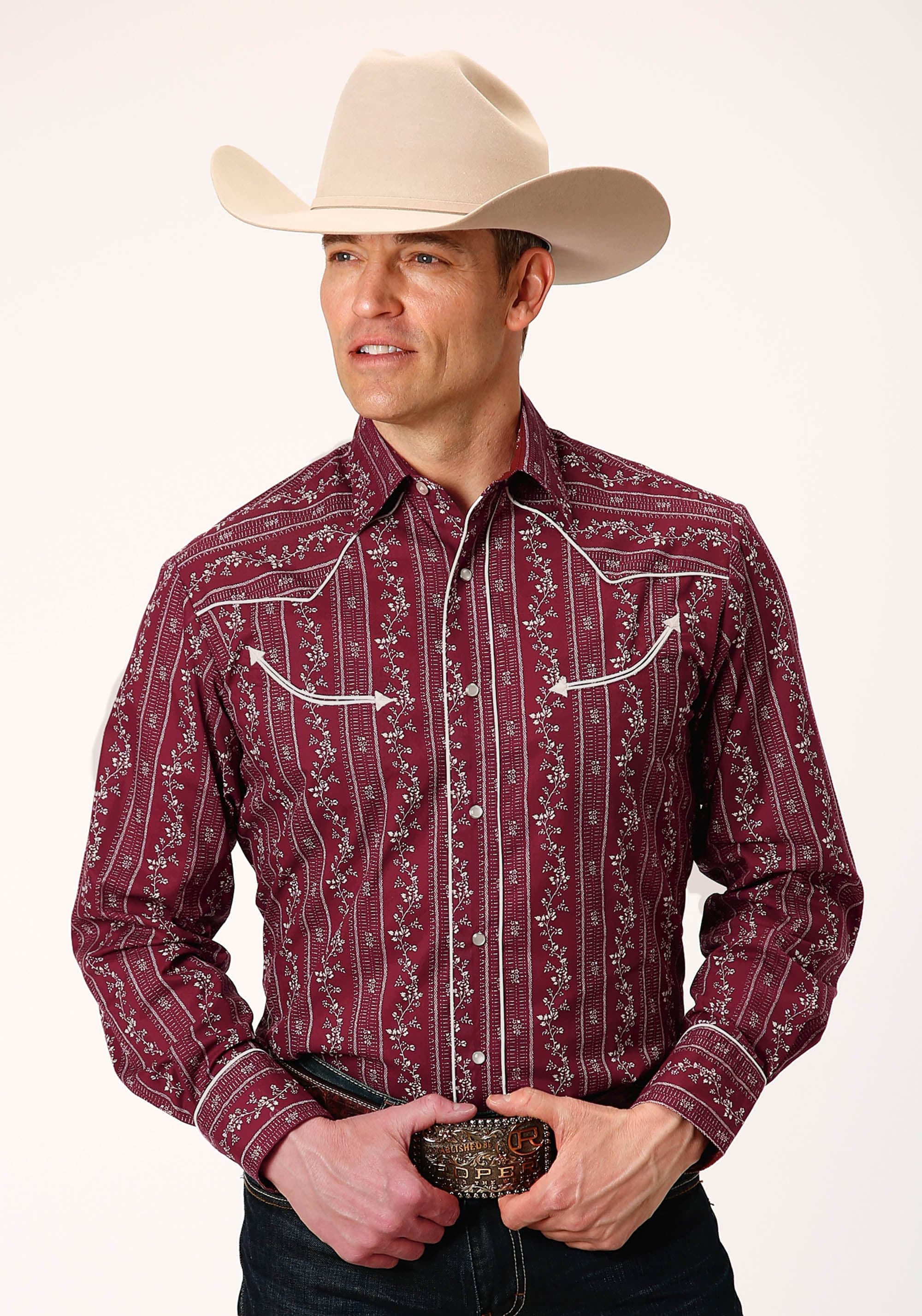 Roper Mens Long Sleeve Snap Brick Red And Cr Wallpaper Stripe Western Shirt - Roper