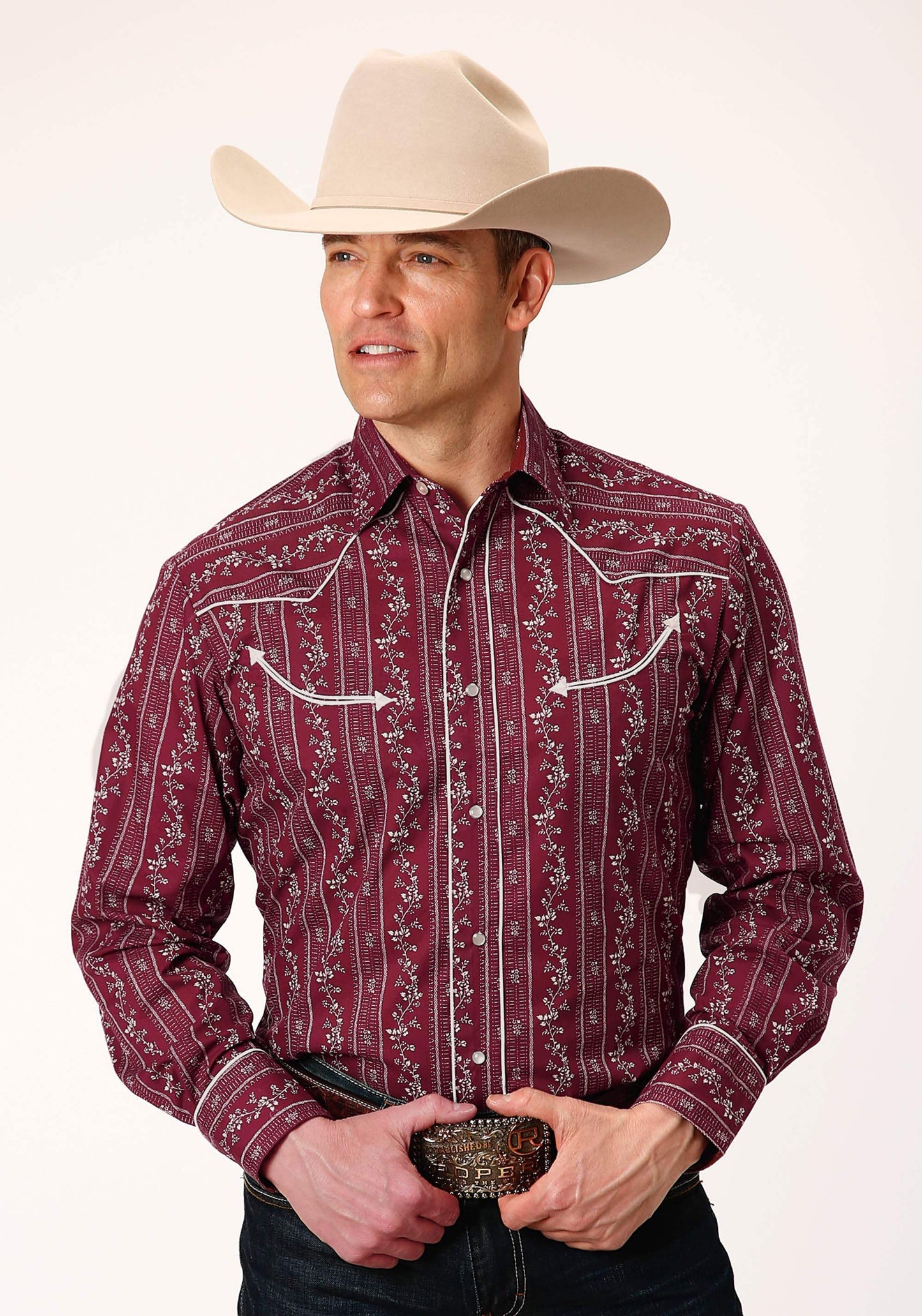 Roper Mens Long Sleeve Snap Brick Red And Cr Wallpaper Stripe Western Shirt - Roper - Flyclothing LLC