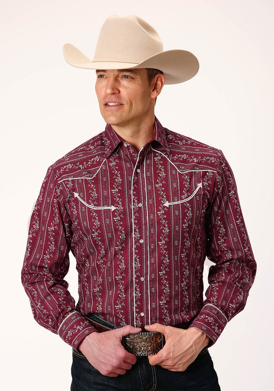 Roper Mens Long Sleeve Snap Brick Red And Cr Wallpaper Stripe Western Shirt - Roper