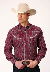 Roper Mens Long Sleeve Snap Brick Red And Cr Wallpaper Stripe Western Shirt - Roper