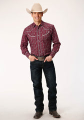Roper Mens Long Sleeve Snap Brick Red And Cr Wallpaper Stripe Western Shirt - Roper