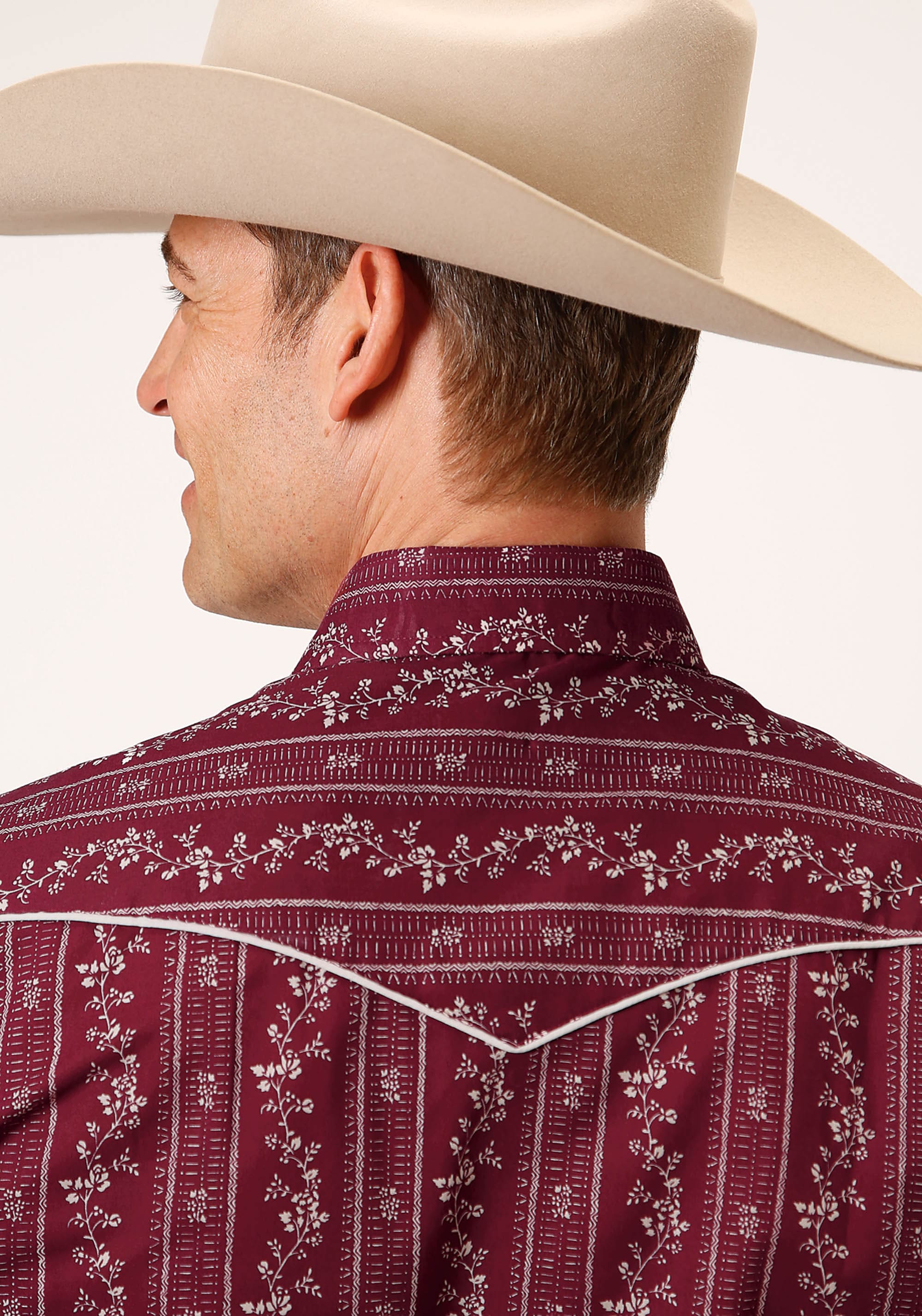 Roper Mens Long Sleeve Snap Brick Red And Cr Wallpaper Stripe Western Shirt - Roper