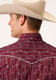 Roper Mens Long Sleeve Snap Brick Red And Cr Wallpaper Stripe Western Shirt - Roper