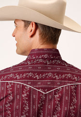 Roper Mens Long Sleeve Snap Brick Red And Cr Wallpaper Stripe Western Shirt - Roper