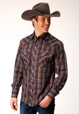 Roper Mens Long Sleeve Snap Blue Camel Brown Plaid Western Shirt With Contrast Solid Piping And Pockets - Roper