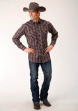 Roper Mens Long Sleeve Snap Blue Camel Brown Plaid Western Shirt With Contrast Solid Piping And Pockets - Roper