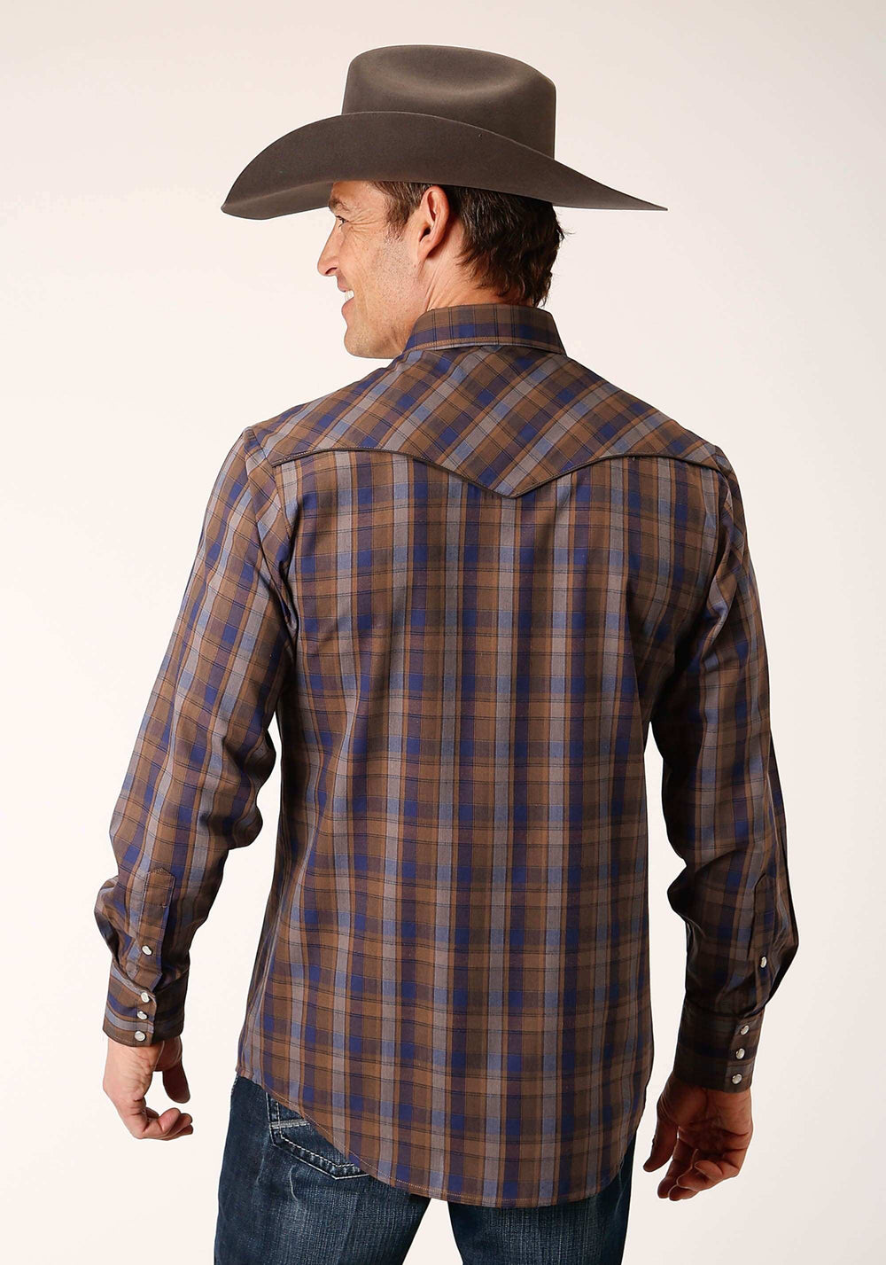 Roper Mens Long Sleeve Snap Blue Camel Brown Plaid Western Shirt With Contrast Solid Piping And Pockets - Roper - Flyclothing LLC