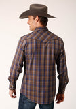 Roper Mens Long Sleeve Snap Blue Camel Brown Plaid Western Shirt With Contrast Solid Piping And Pockets - Roper