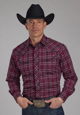 Roper Mens Wine Black And White Plaid Long Sleeve Snap Western Shirt