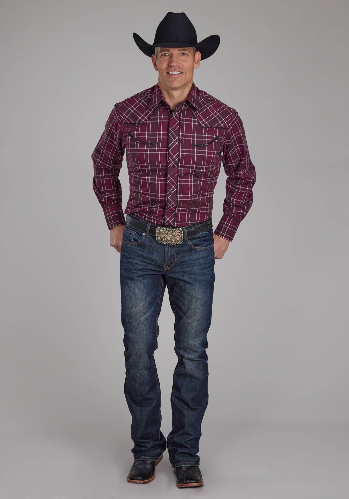 Roper Mens Wine Black And White Plaid Long Sleeve Snap Western Shirt