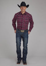 Roper Mens Wine Black And White Plaid Long Sleeve Snap Western Shirt