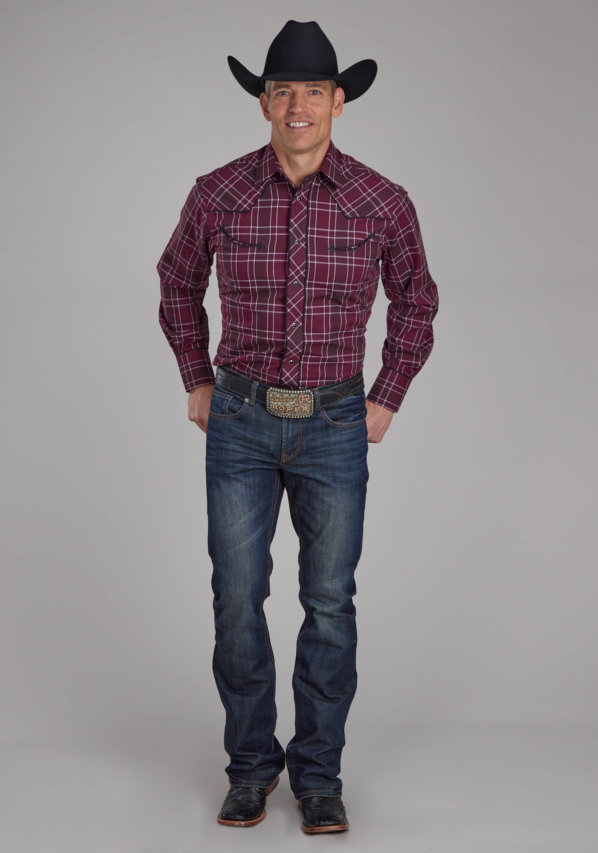 Roper Mens Wine Black And White Plaid Long Sleeve Snap Western Shirt
