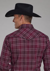 Roper Mens Wine Black And White Plaid Long Sleeve Snap Western Shirt